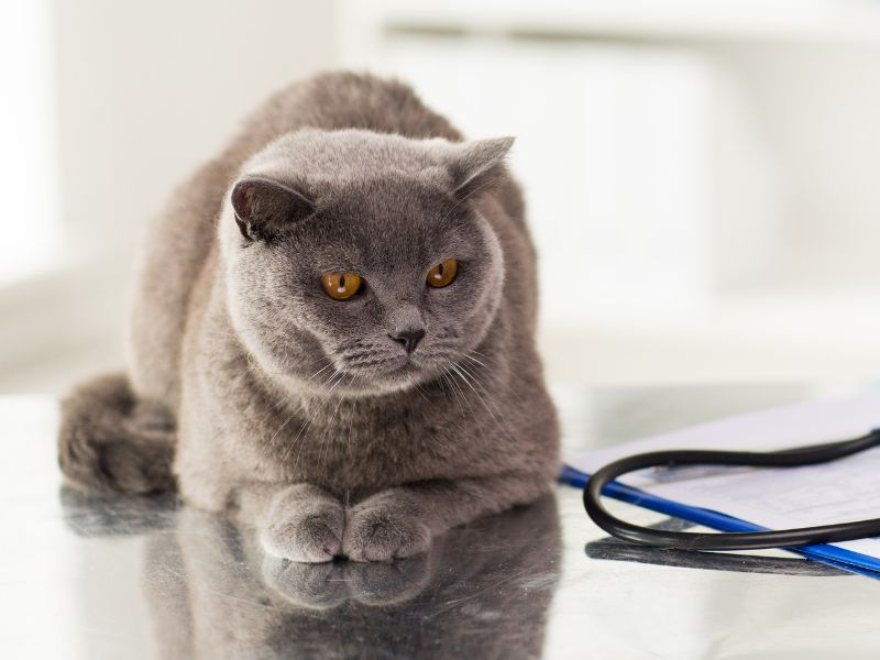 cat laying by a clipboard and stethoscope